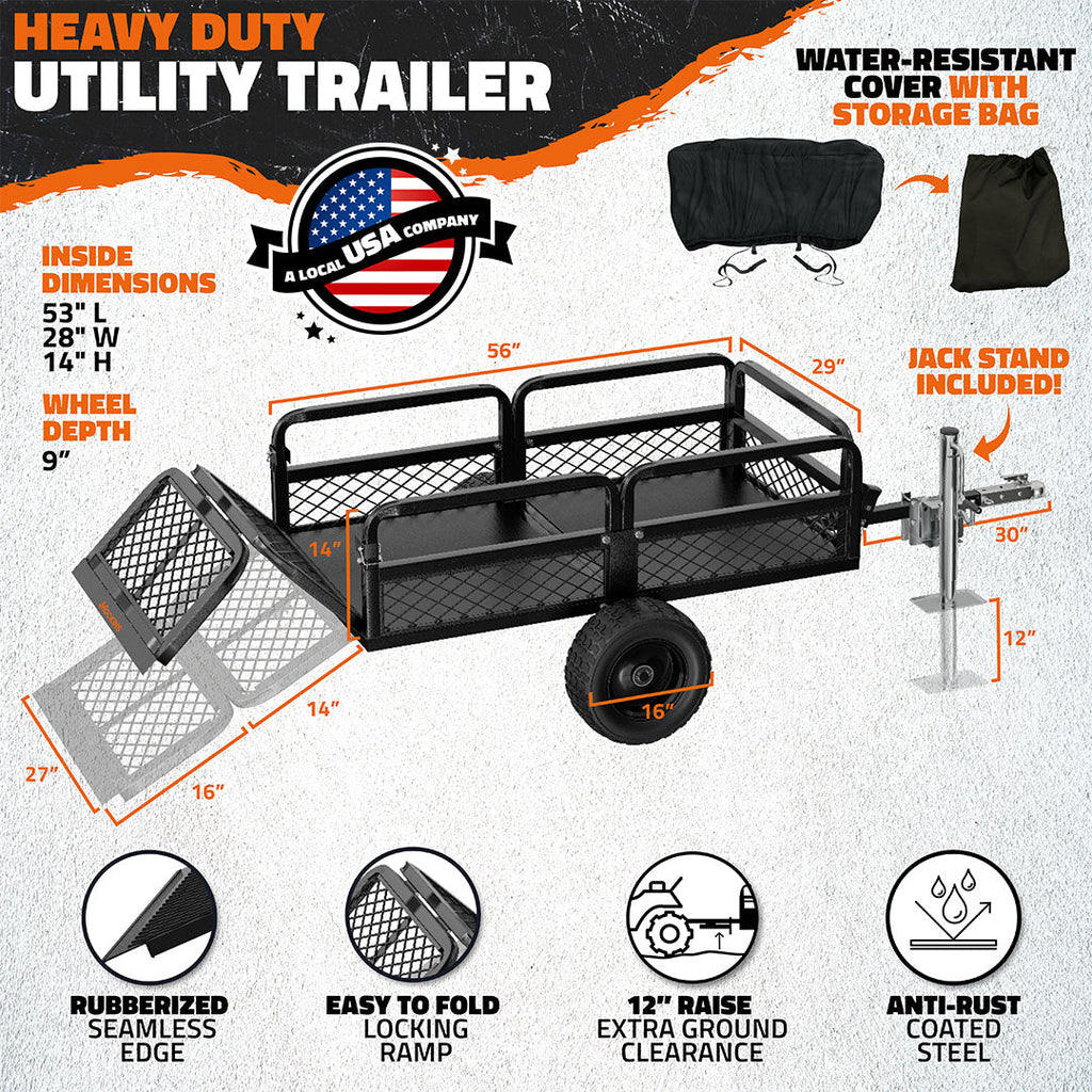 55"x30"x15" Utility Trailer with Ramp & Attachable Jack Stand