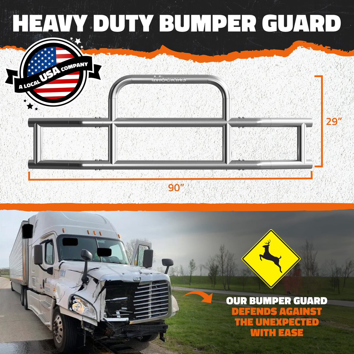 90"x11.5"x29" Front Bumper Guard with Mounting Brackets for Volvo VNL 2004-2017