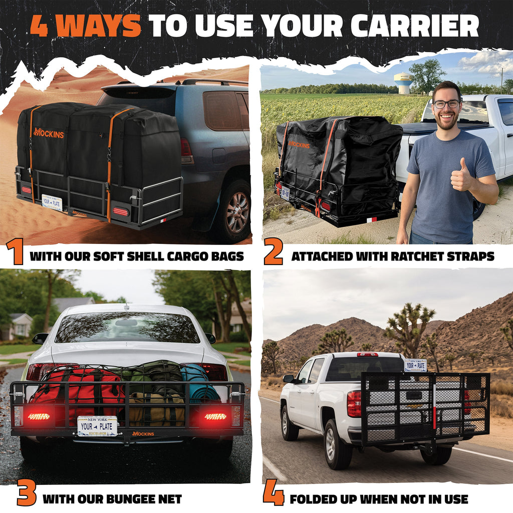 66"x30"x14" XL High Rail Hitch Carrier + Rear Lights & 45 Cu Ft Cargo Bag