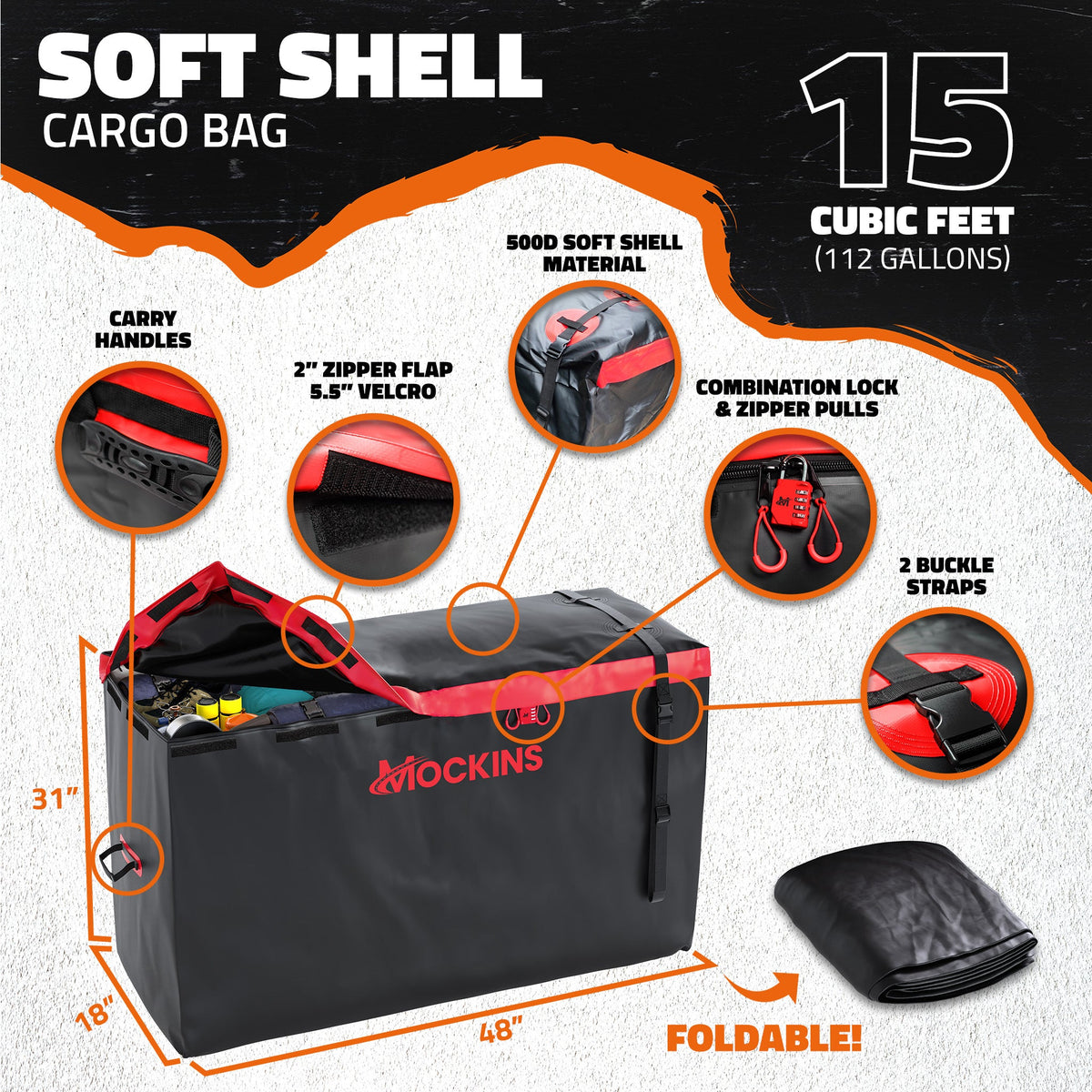 48"x18"x6" Hitch Carrier & 15 Cu Ft Cargo Bag + Packing Cubes