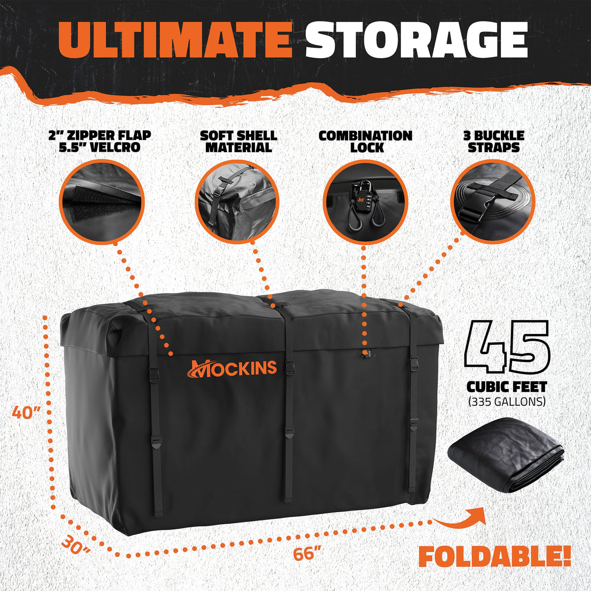 66"x30"x14" XL High Rail Hitch Carrier + Rear Lights & 45 Cu Ft Cargo Bag