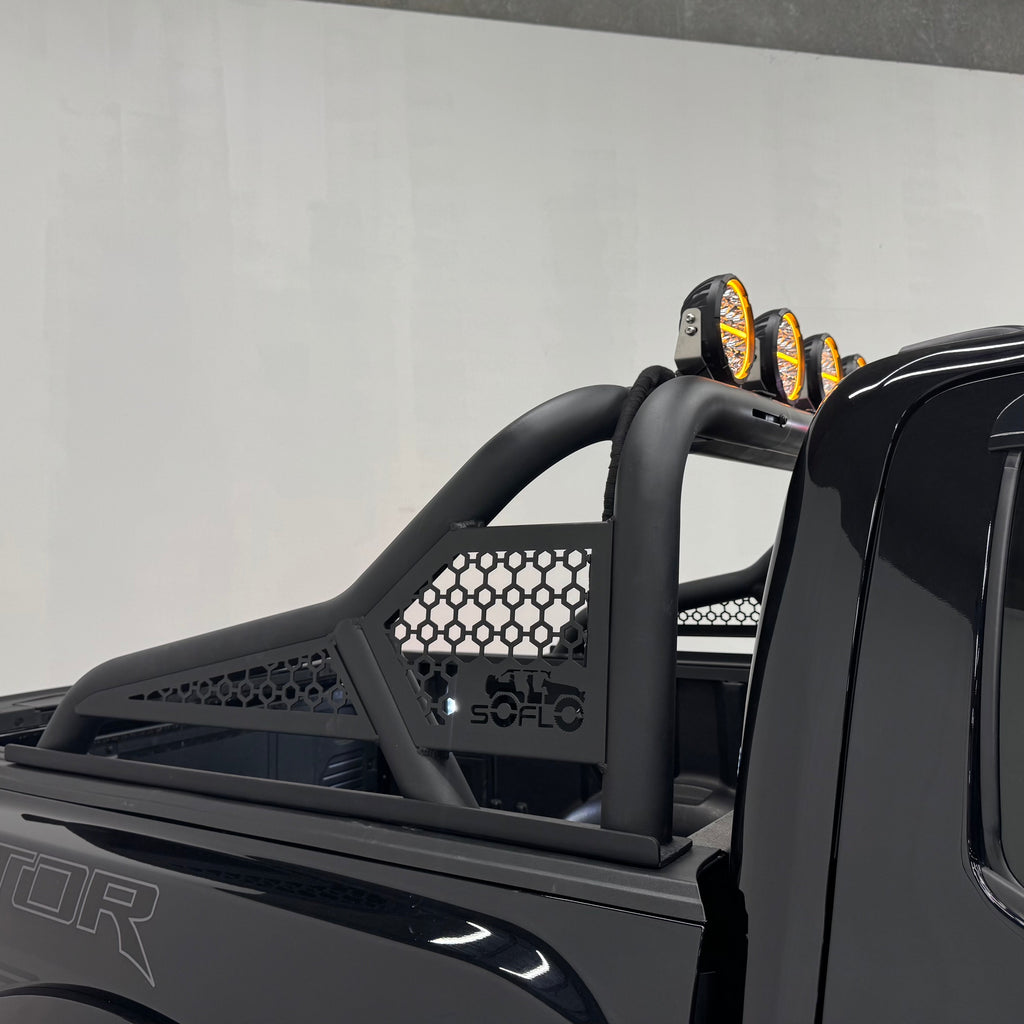 F150 ALUMINUM CHASE RACK 2021-2027 WITH (4) 6” LED FLOOD LIGHTS bed cage